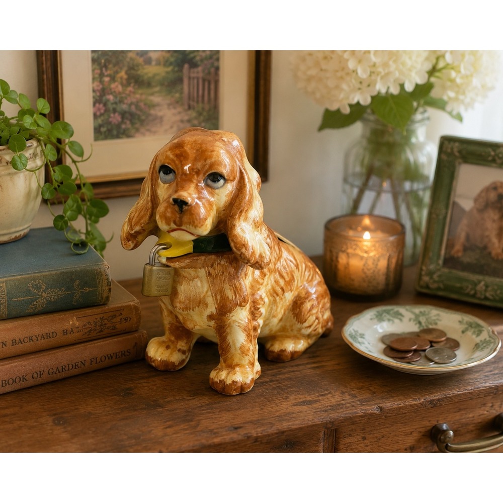 Vintage Victoria Ceramics Japan Cocker Spaniel Dog Piggy Bank Brown Glazed 7in
